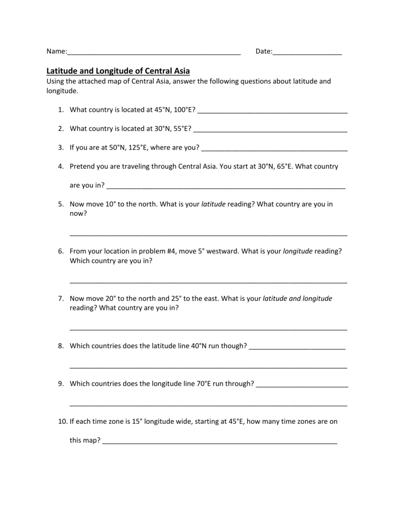 Latitude And Longitude Of Central Asia Regarding Latitude And Longitude Worksheet Answer Key