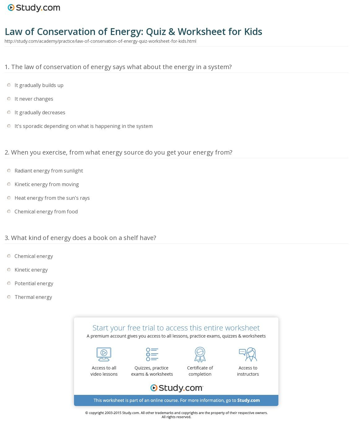 Law Of Conservation Of Energy Quiz  Worksheet For Kids  Study In Conservation Of Energy Worksheet