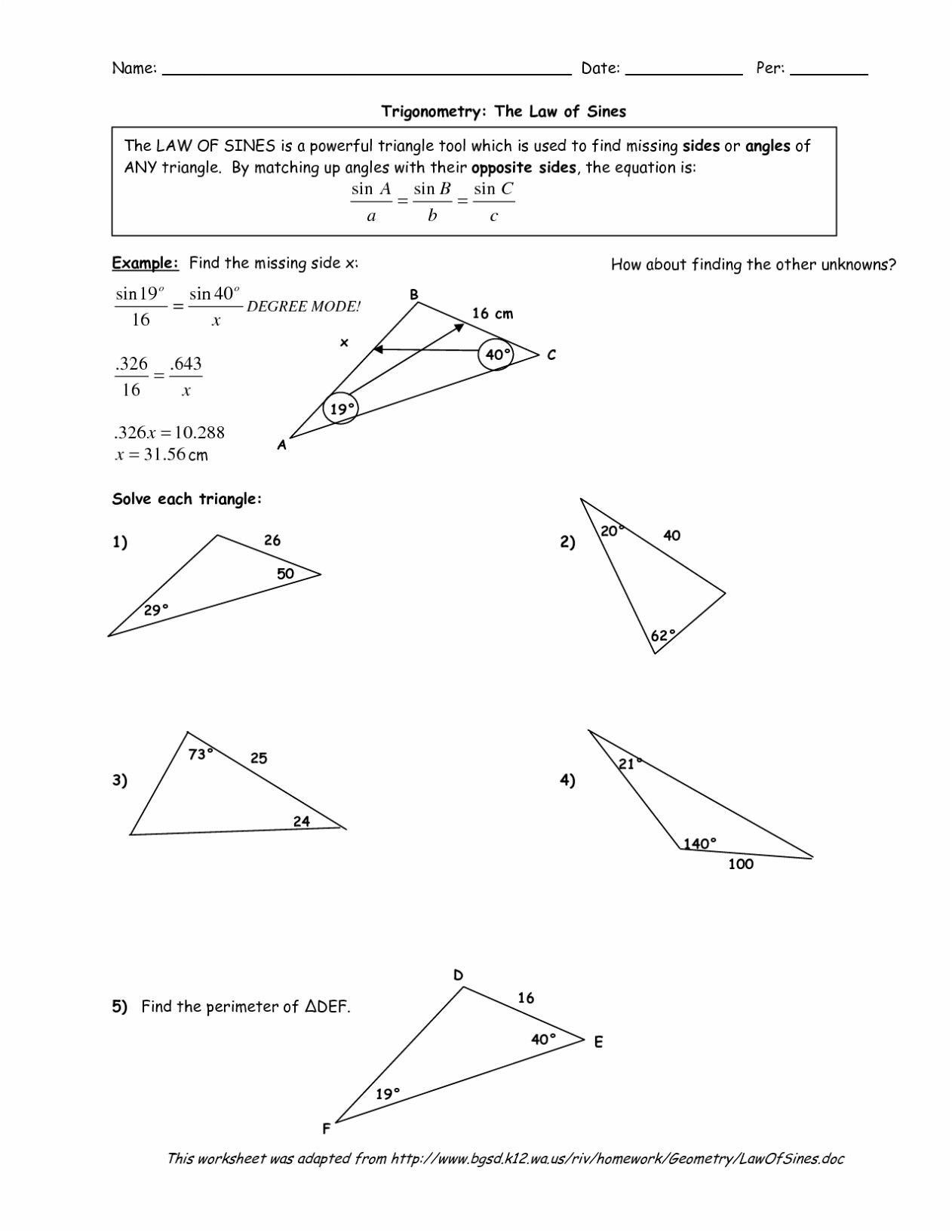 Law Of Sines Practice Worksheet Answers  Briefencounters With Regard To Law Of Sines Practice Worksheet Answers