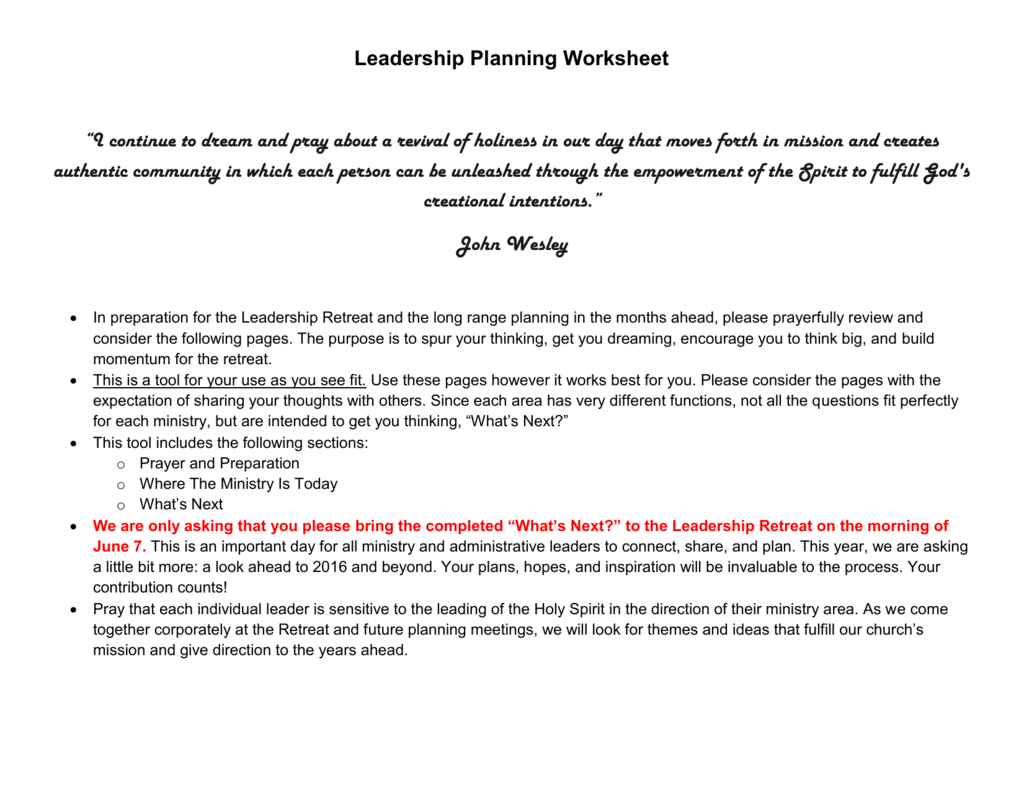 Leadership Planning Worksheet  Pender United Methodist Church Or Retreat Planning Worksheet