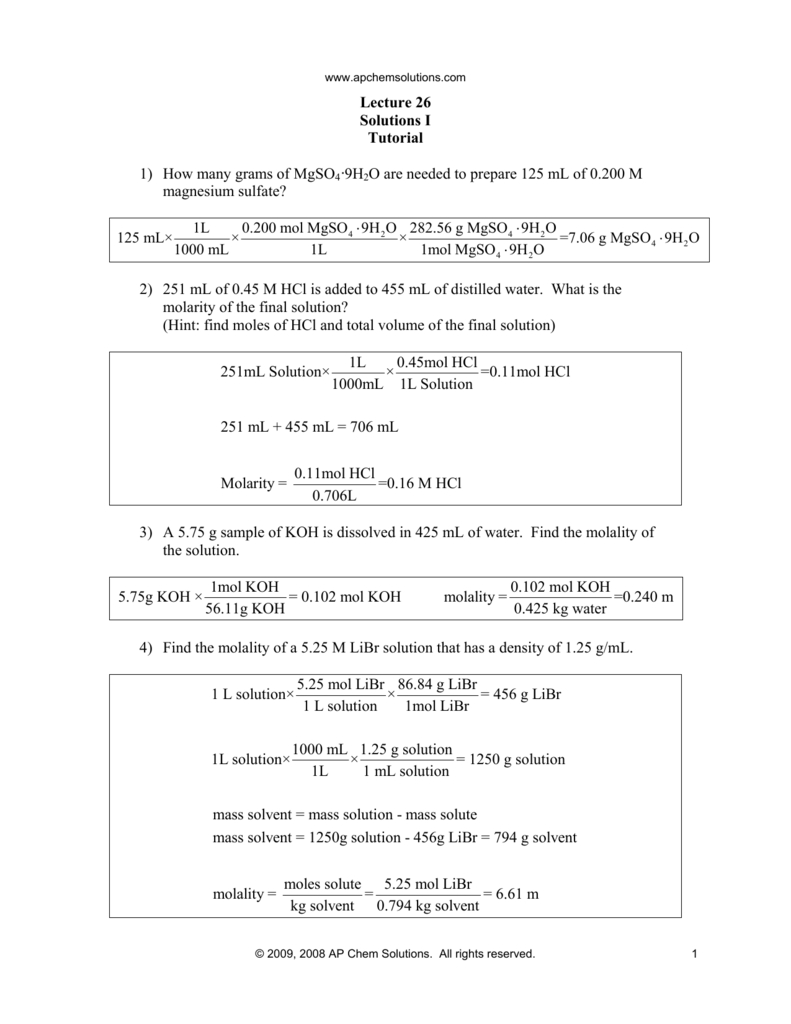 Lecture 26 Solutions I With Regard To Ap Chem Solutions Worksheet Answers