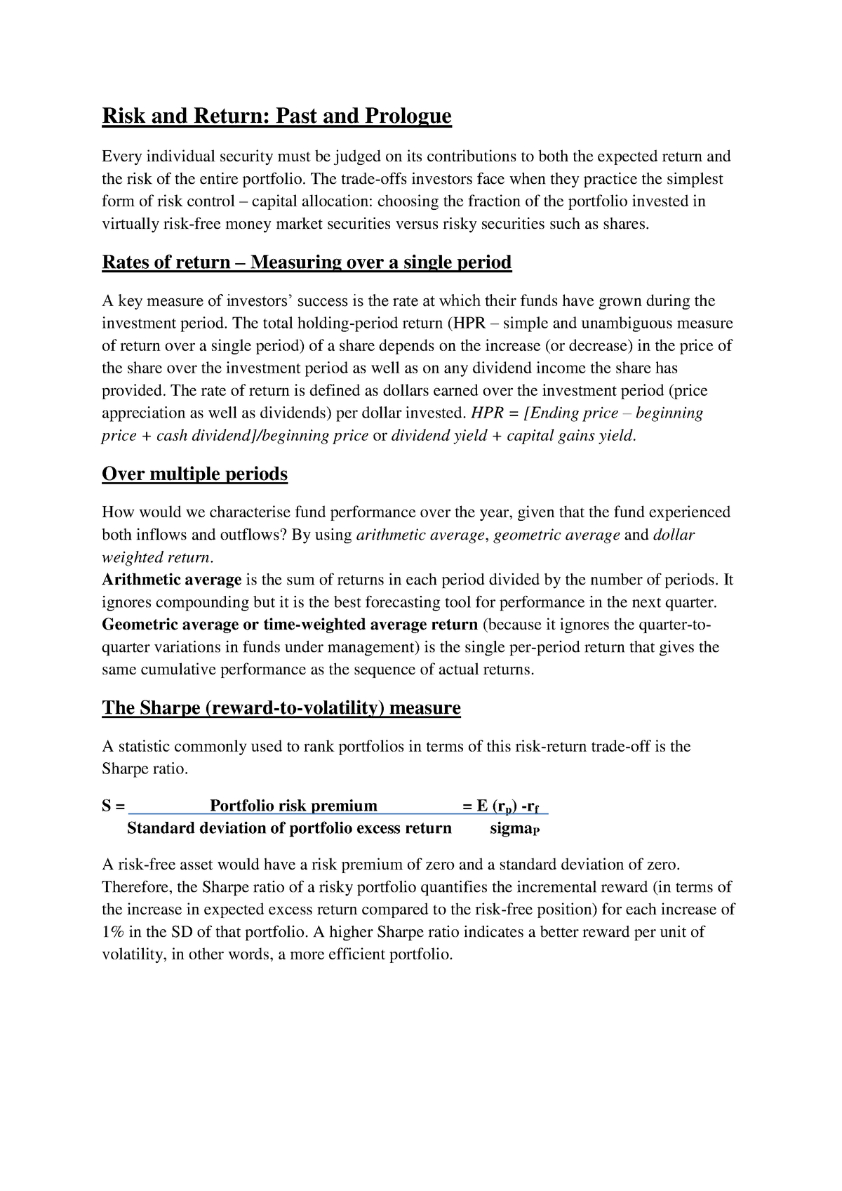 Lecture Notes About Risk And Returnpdf  Fnce30001 Investments Or Investments Compared Worksheet Answers