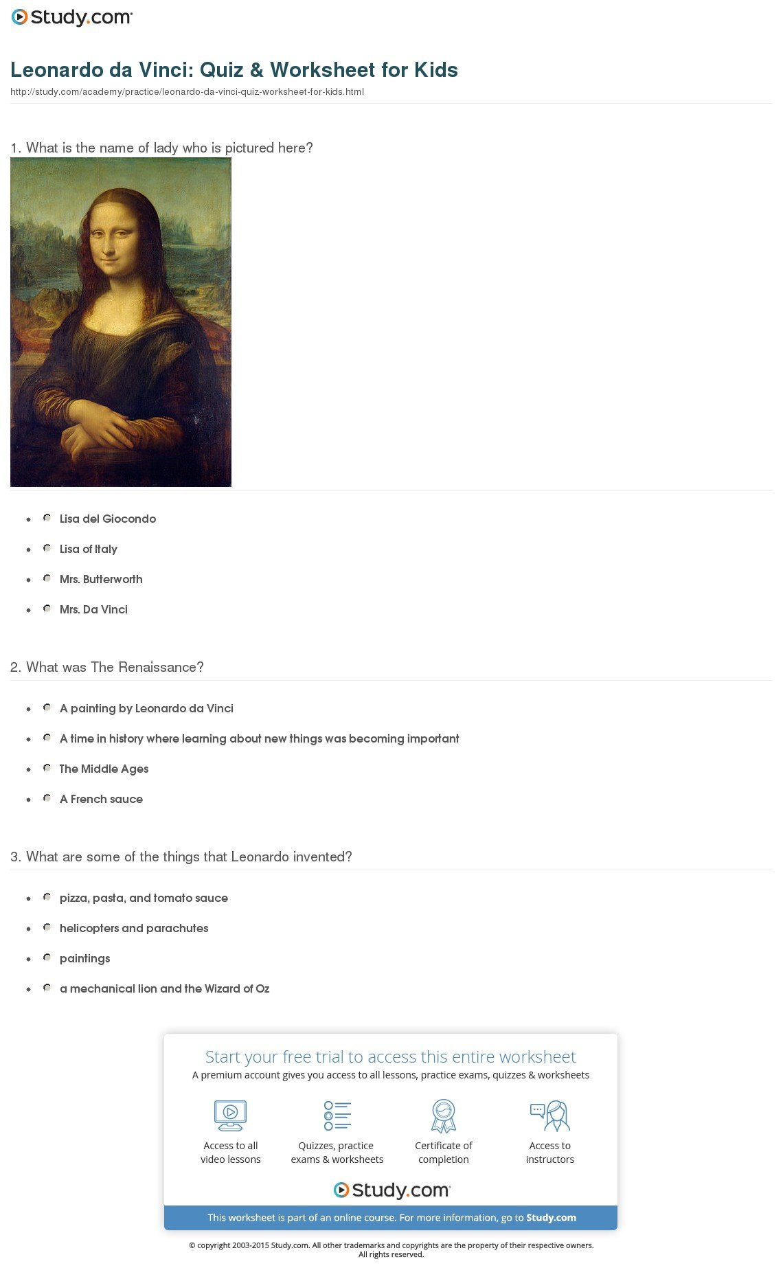 Leonardo Da Vinci Quiz  Worksheet For Kids  Study Inside Leonardo Da Vinci Inventions Worksheet