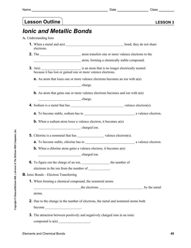Lesson 3  Ionic And Metallic Bonds In Worksheet 10 Metallic Bonds Answer Key