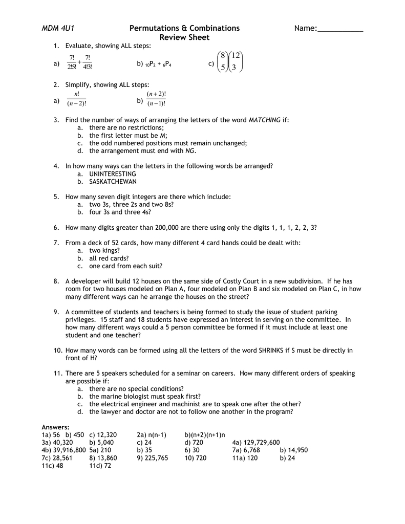 Lesson 7 – Permutations  Combinations Review Sheet And Permutations And Combinations Worksheet Answer Key