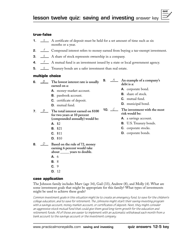 Lesson Twelve Quiz Saving And Investing Answer Key As Well As Saving And Investing Worksheet Answers