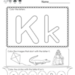 Letter K Coloring Worksheet  Free Kindergarten English Worksheet Inside Kindergarten English Worksheets