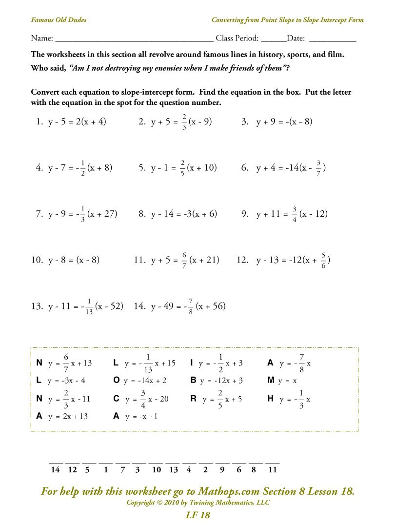 Lf 18 Converting From Point Slope To Slope Intercept Form  Mathops In Point Slope Form Practice Worksheet