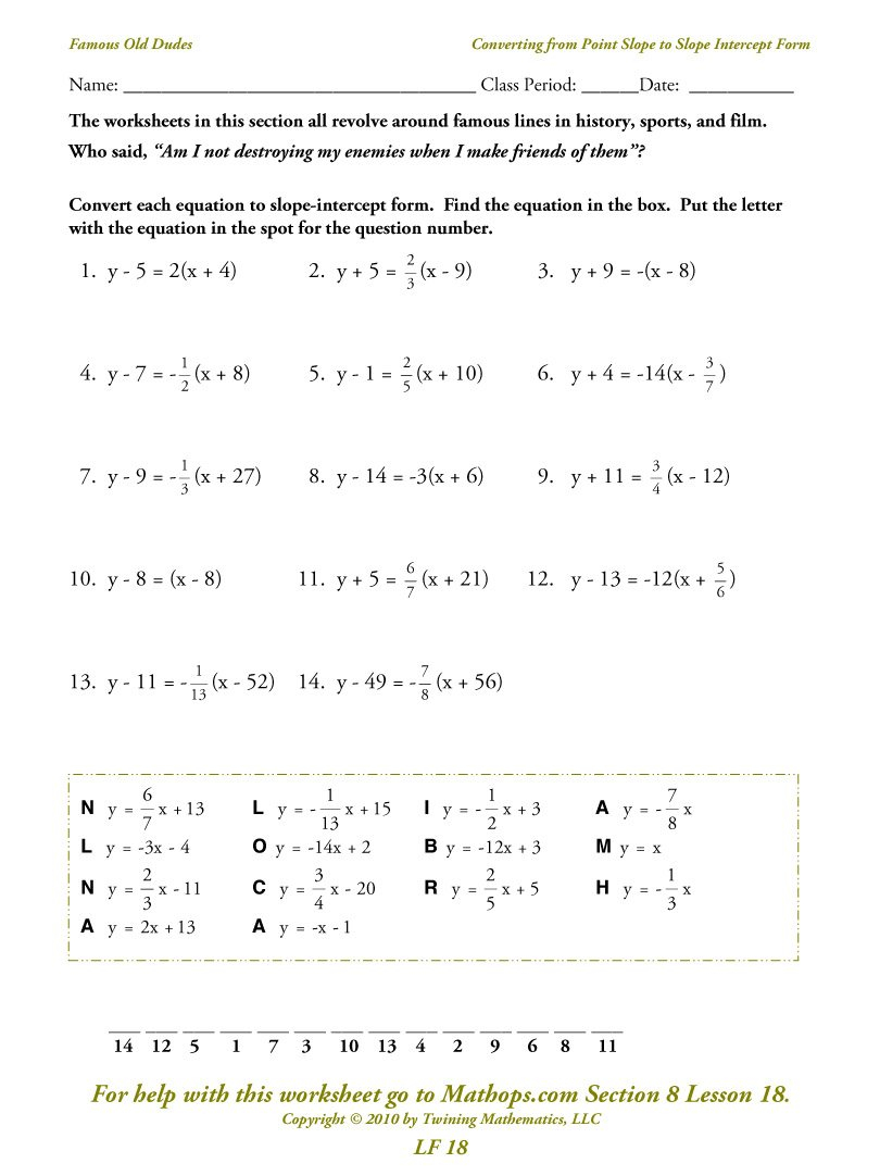 Lf 18 Converting From Point Slope To Slope Intercept Form  Mathops Pertaining To Slope Intercept Form Worksheet