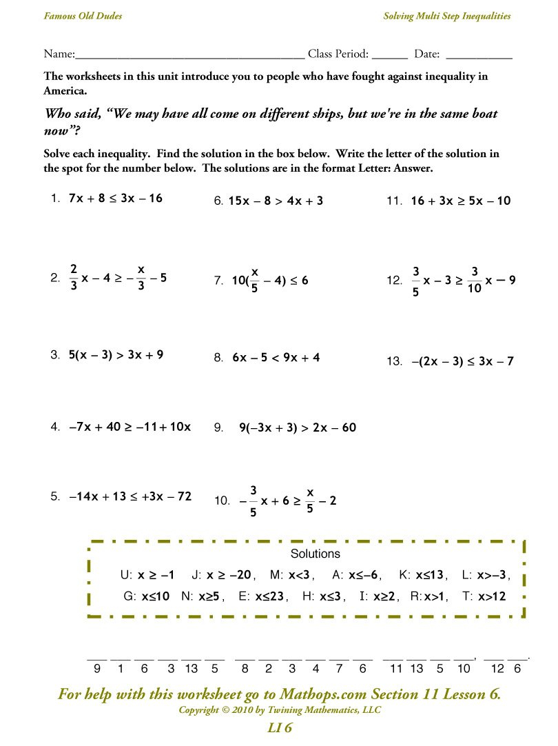 Li 6 Solving Multi Step Inequalities  Mathops Together With Solve And Graph The Inequalities Worksheet Answers