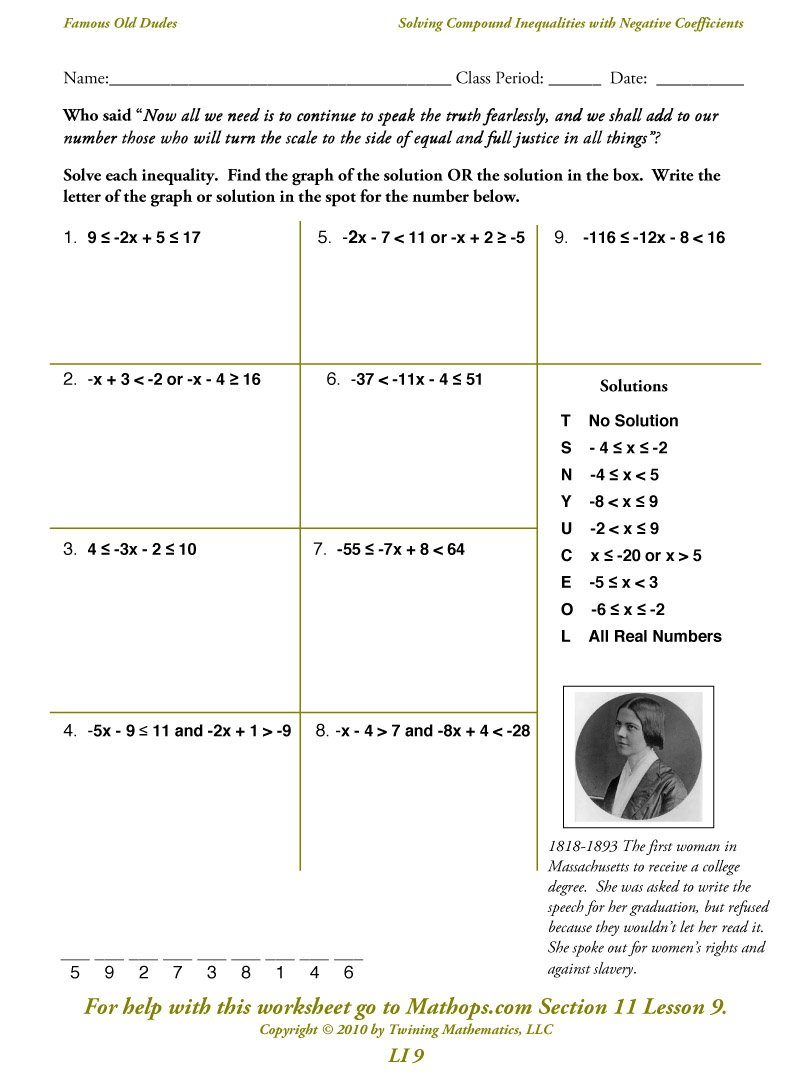 Li 9 Solving Compound Inequalities With Negative Coefficients  Mathops For Graphing Compound Inequalities Worksheet