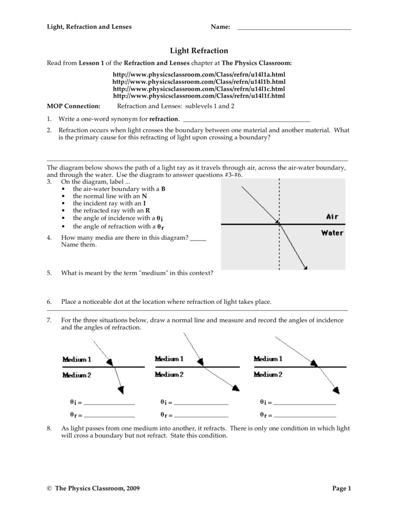 Light Refraction  The Physics Classroom Pertaining To Light Refraction And Lenses Physics Classroom Worksheet Answers