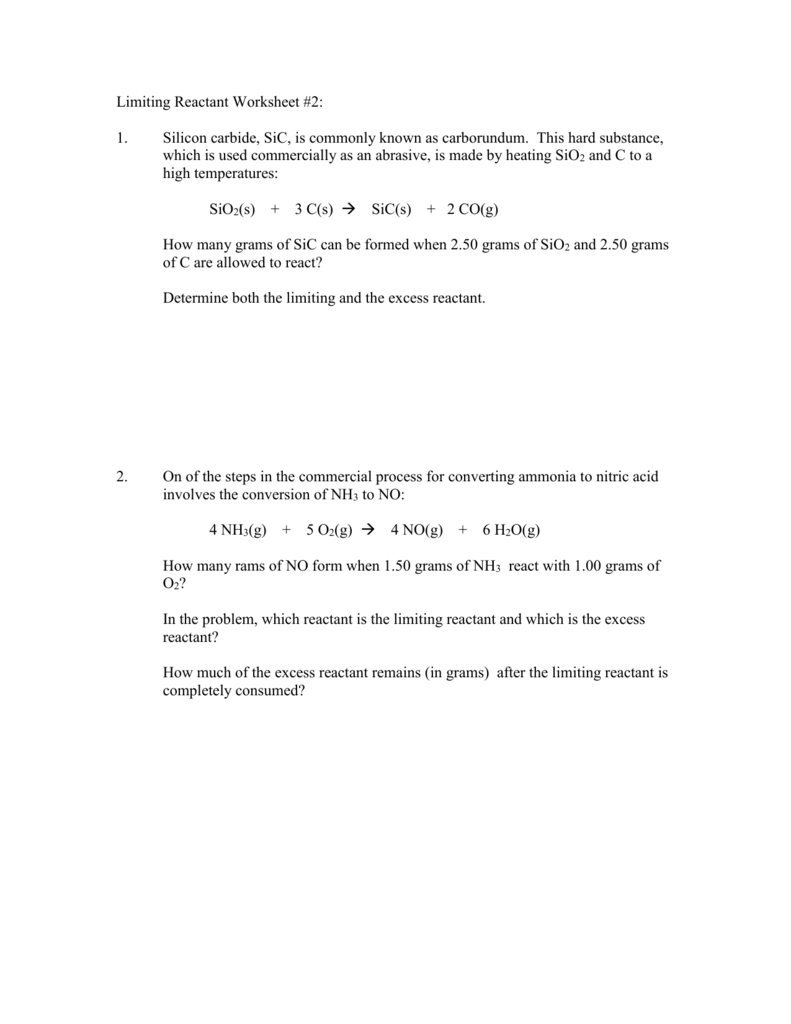 Limiting Reactant Worksheet 2 Regarding Limiting Reagent Worksheet 2