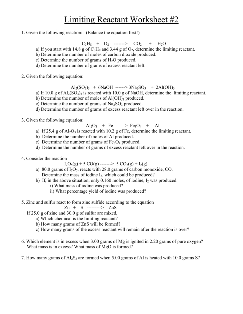 Limiting Reagent Worksheet 1 And Limiting Reagent Worksheet Answers