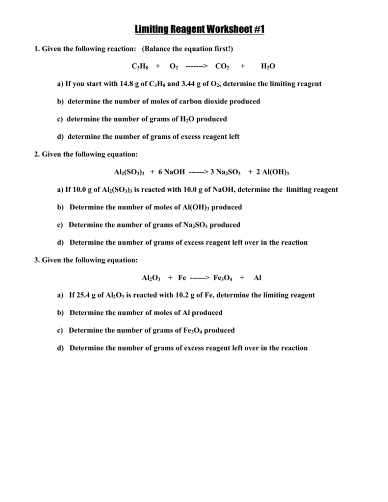 Limiting Reagent Worksheet 1 With Regard To Limiting Reagent Worksheet