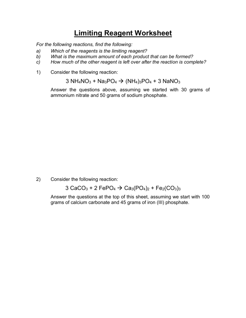 Limiting Reagent Worksheet Regarding Stoichiometry Limiting Reagent Worksheet Answers