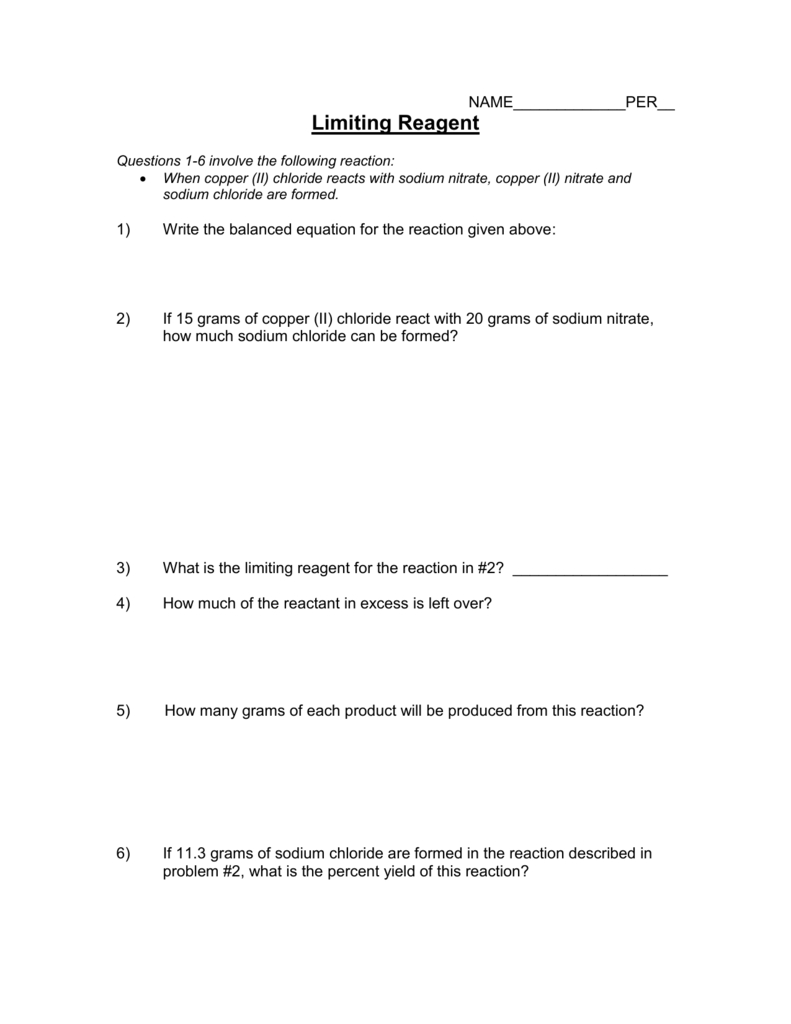 Limiting Reagent Worksheet With Limiting Reagent Worksheet