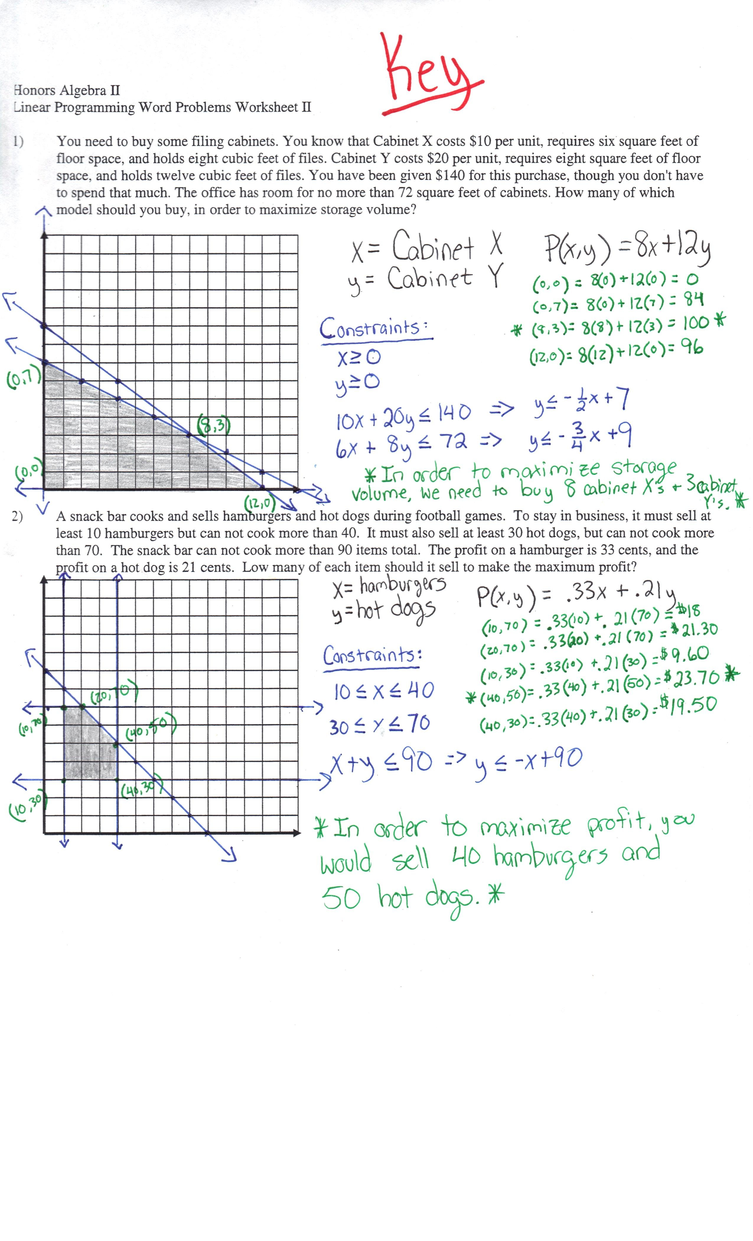 Linear Programming Worksheet And Answers The Best Worksheets Image In Linear Programming Worksheet Honors Algebra 2 Answers