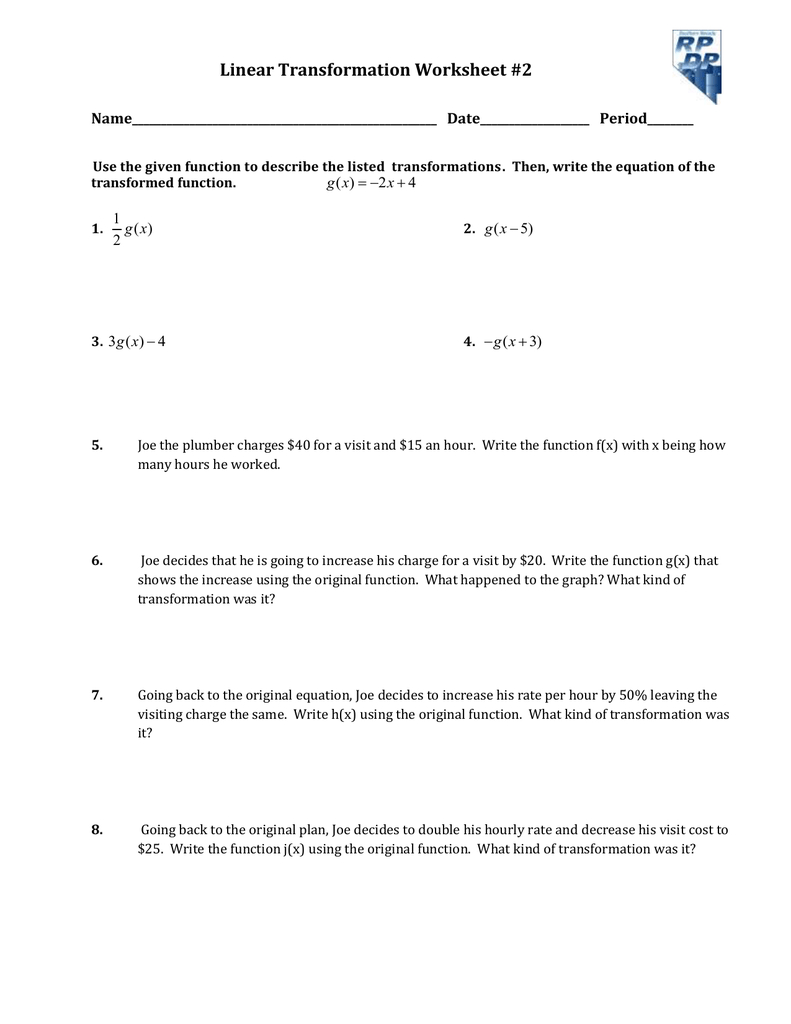 Linear Transformation Worksheet 2 And Transformations Of Linear Functions Worksheet