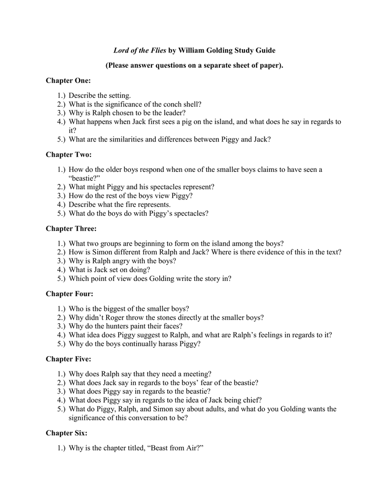Lord Of The Flieswilliam Golding Study Guide Please Answer And Lord Of The Flies While Reading Chapter 4 Worksheet Answers