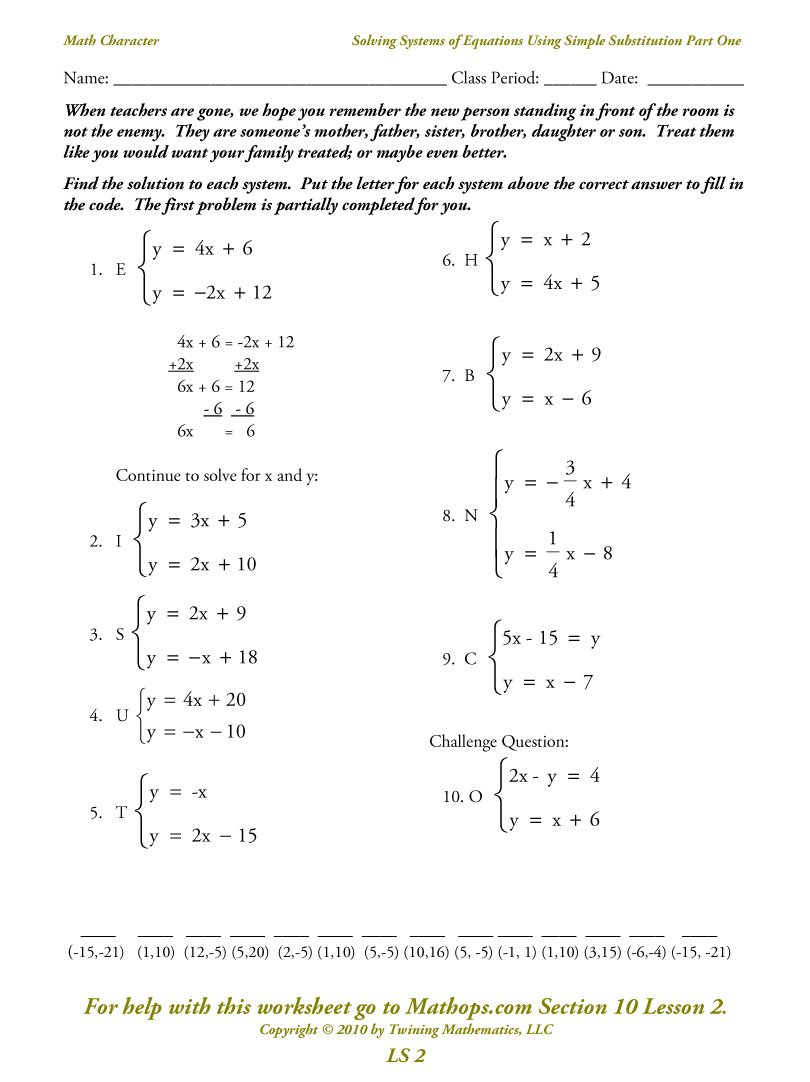 Ls 2 Solving Systems Of Equations Using Simple Substitution Part Also Solving Systems Of Linear Equations By Elimination Worksheet Answers
