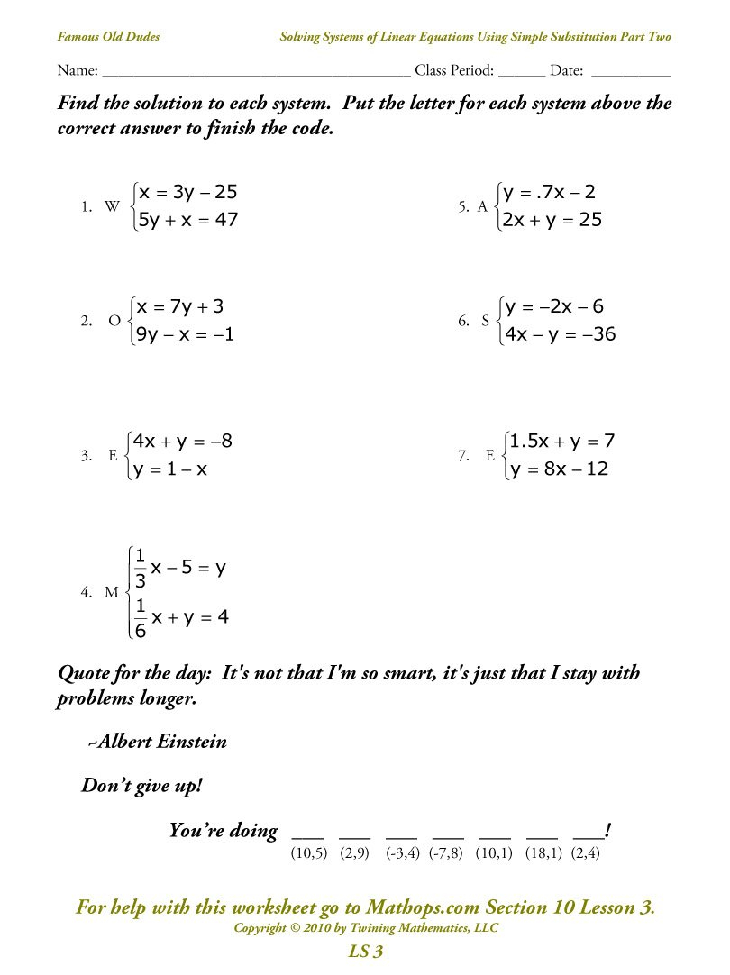 Ls 3 Solving Systems Of Equations Using Simple Substitution Part Pertaining To Solving Systems Of Linear Equations Worksheet