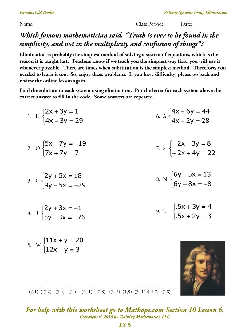 Ls 6 Solving Systems Using Elimination  Mathops With Regard To Solving Systems Of Linear Equations By Elimination Worksheet Answers