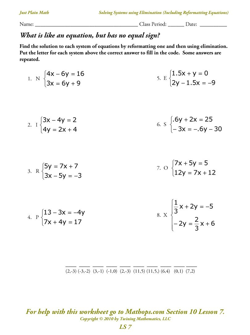 Ls 7 Solving Systems Using Elimination Including Reformatting Also Solving Systems Of Equations Worksheet