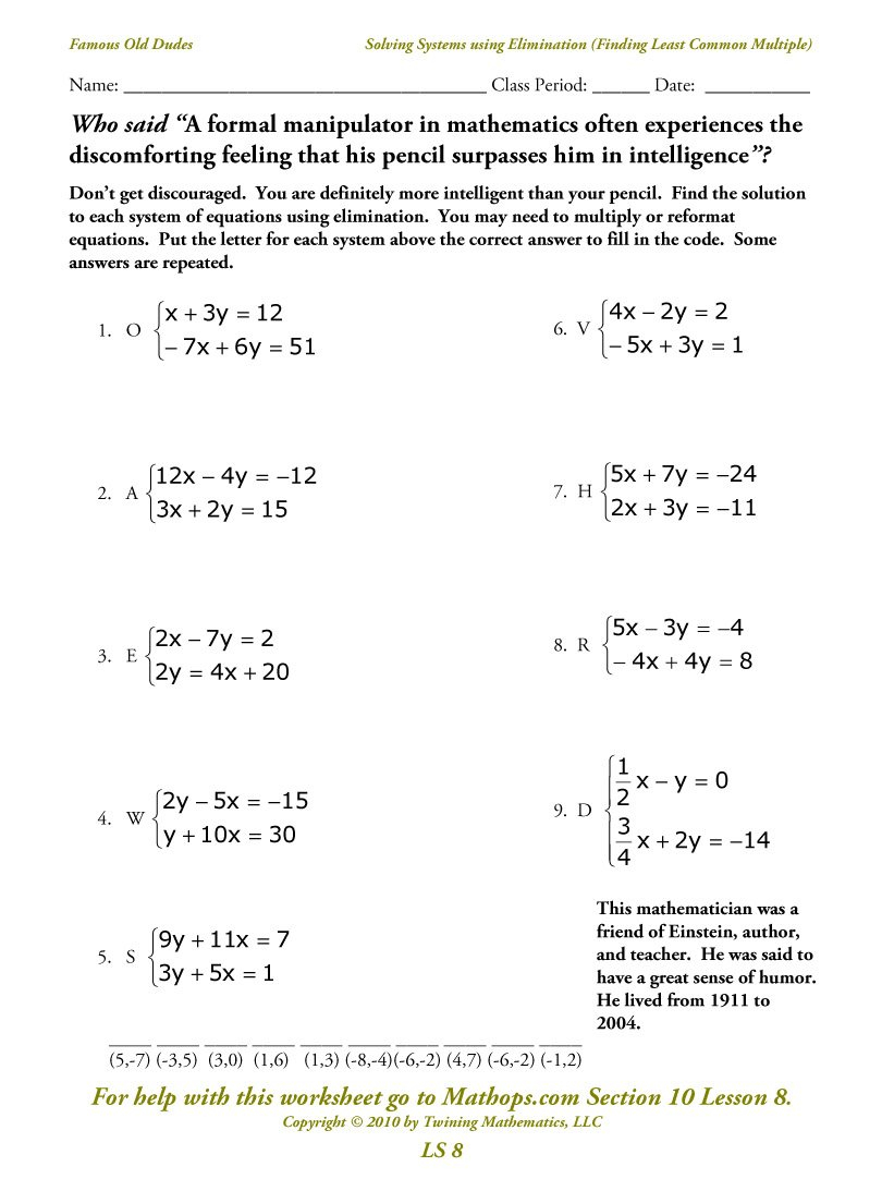 Ls 8 Solving Systems Using Elimination Finding The Least Common In Solving Systems Of Equations By Elimination Worksheet Answers
