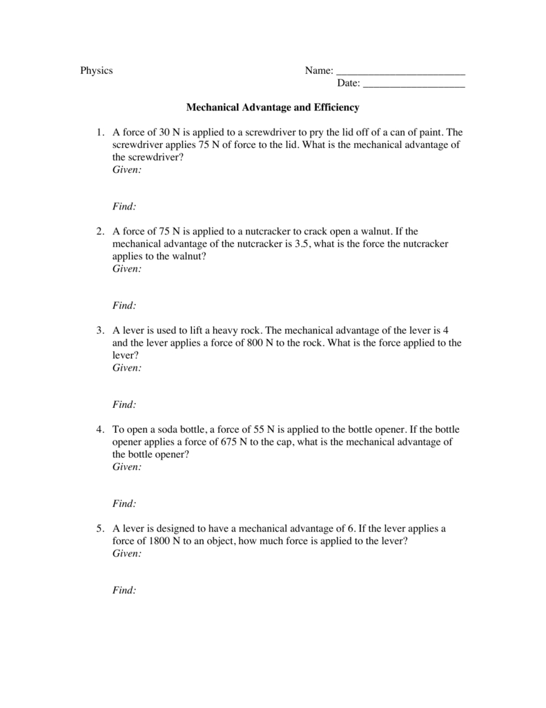 Ma And Efficiency Worksheet For Simple Machines And Mechanical Advantage Worksheet Answer Key