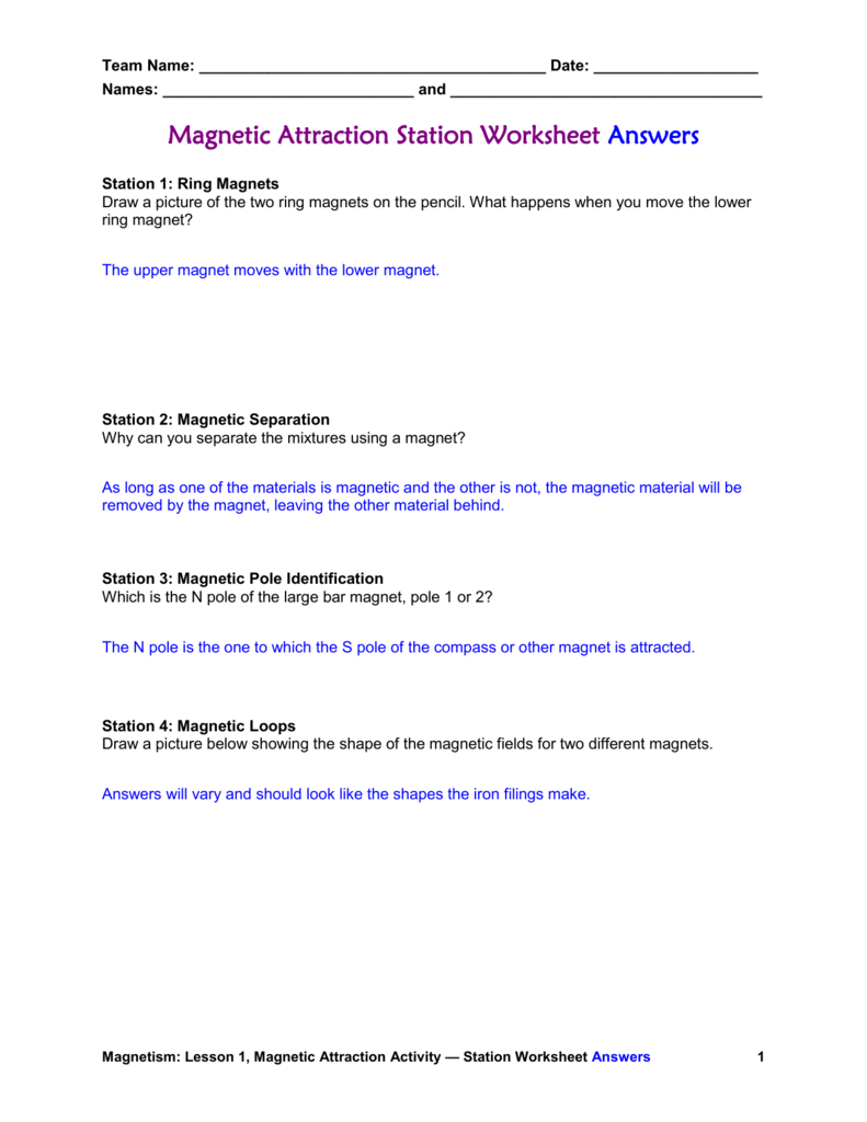 Magnetic Attraction Worksheet Answers Pertaining To Magnetism Worksheet Answers