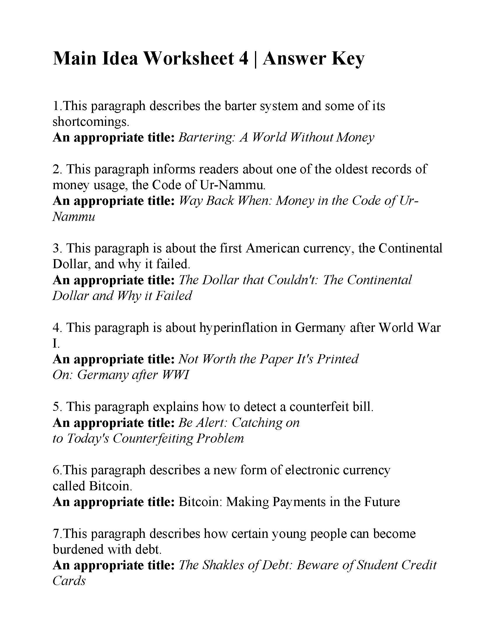 Main Idea Worksheet 4  Answers With World War 2 Worksheets With Answers