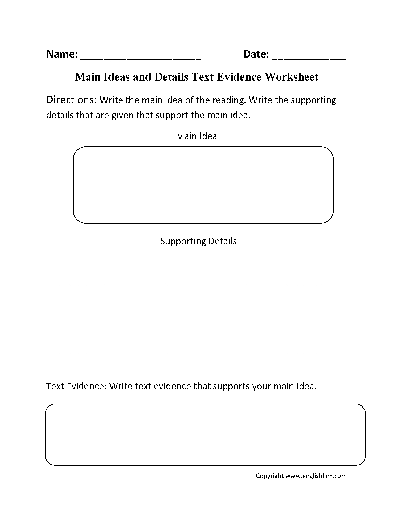 Main Idea Worksheets  Main Idea Text Evidence Worksheet Within Textual Evidence Worksheet
