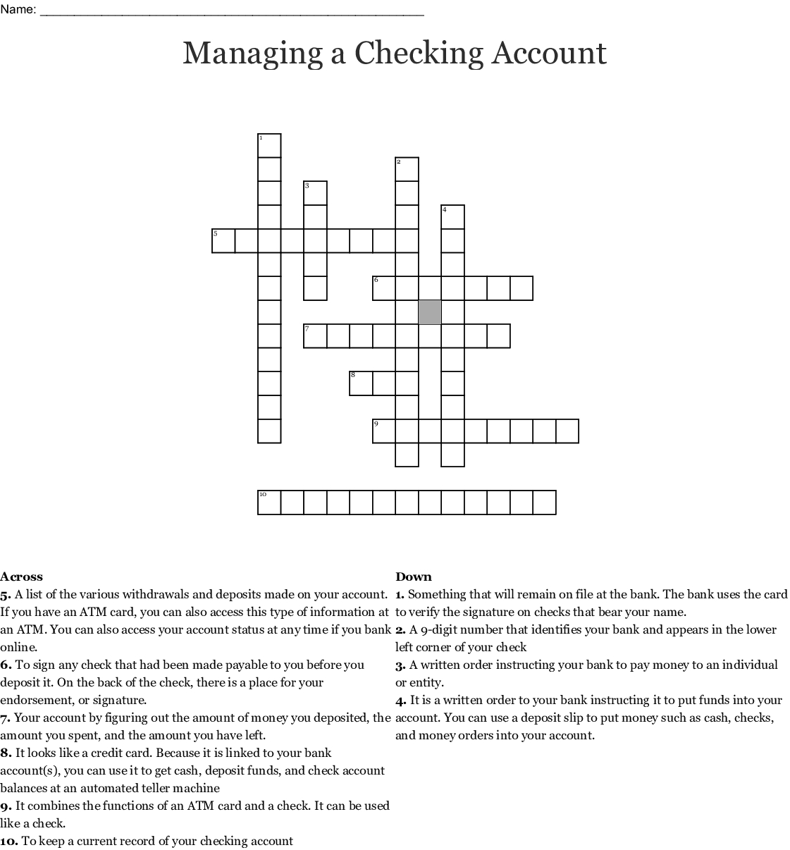 Managing A Checking Account Crossword  Wordmint With Managing A Checking Account Worksheet Answers