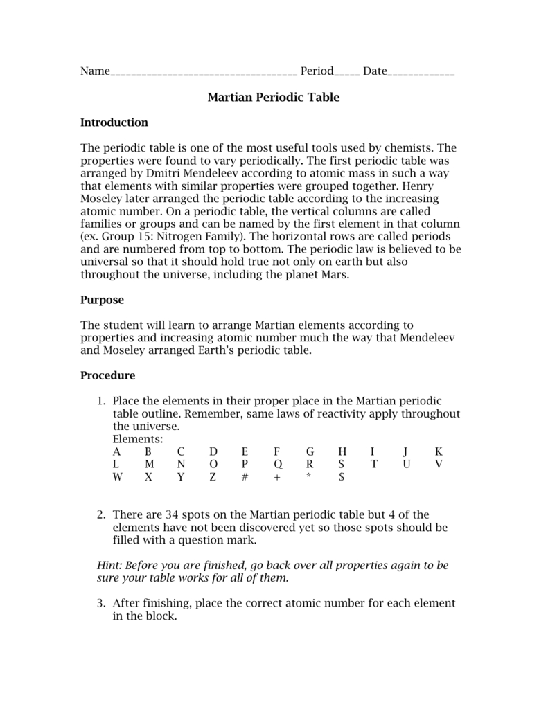 Martian Periodic Table For Introduction To Periodic Table Lab Activity Worksheet Answer Key