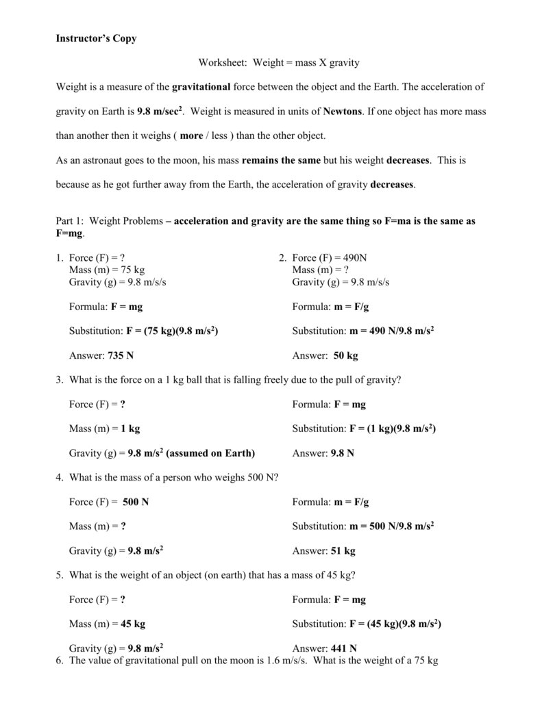 Mass And Weight Worksheet Answers  Soccerphysicsonline Or Mass And Weight Worksheet Answer Key