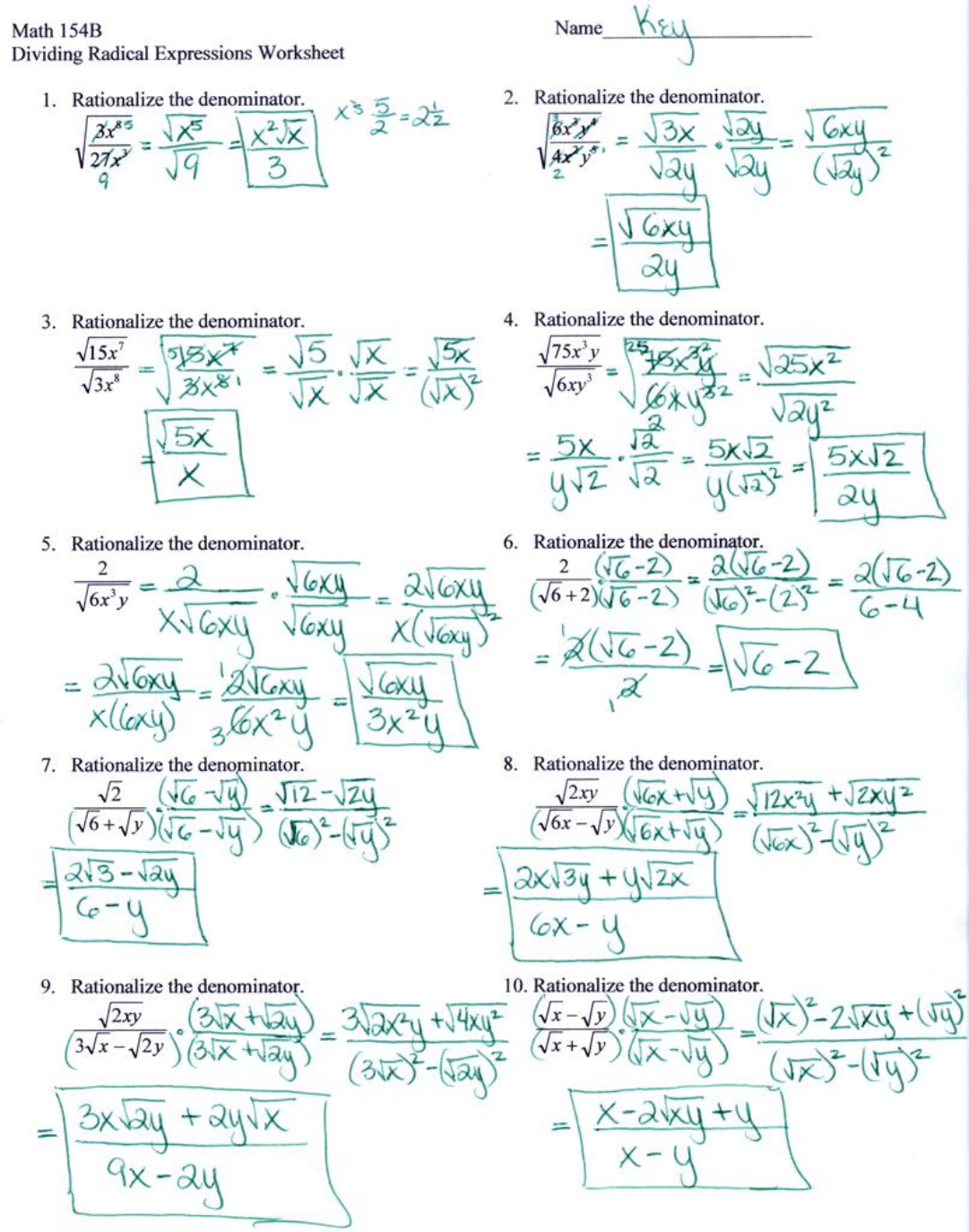 Math 154B Dividing Radical Expressions Worksheet 1  Mbuchanan With Regard To Rationalizing The Denominator Worksheet