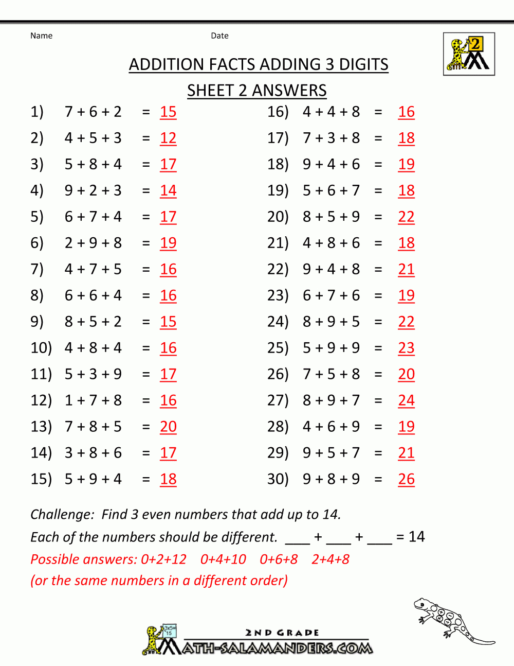 Math Addition Facts To 2020 Along With Math Worksheet Answers