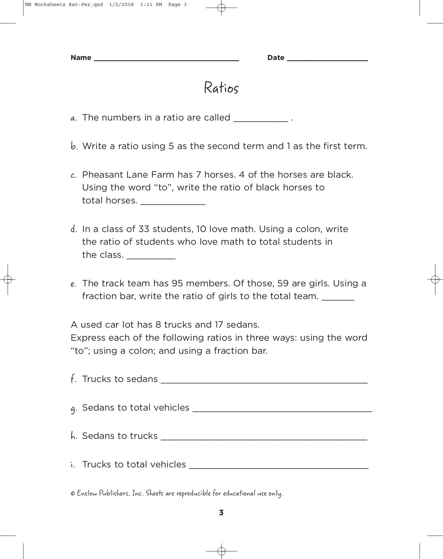 Math Busters Reproducible Worksheets  Enslow Publishers Pages 1 As Well As Writing Ratios In 3 Different Ways Worksheets