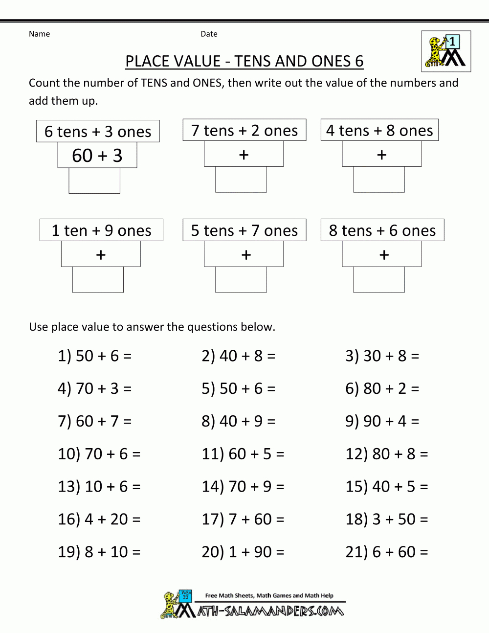 Math Place Value Worksheets 2 Digit Numbers Inside Place Value First Grade Worksheets