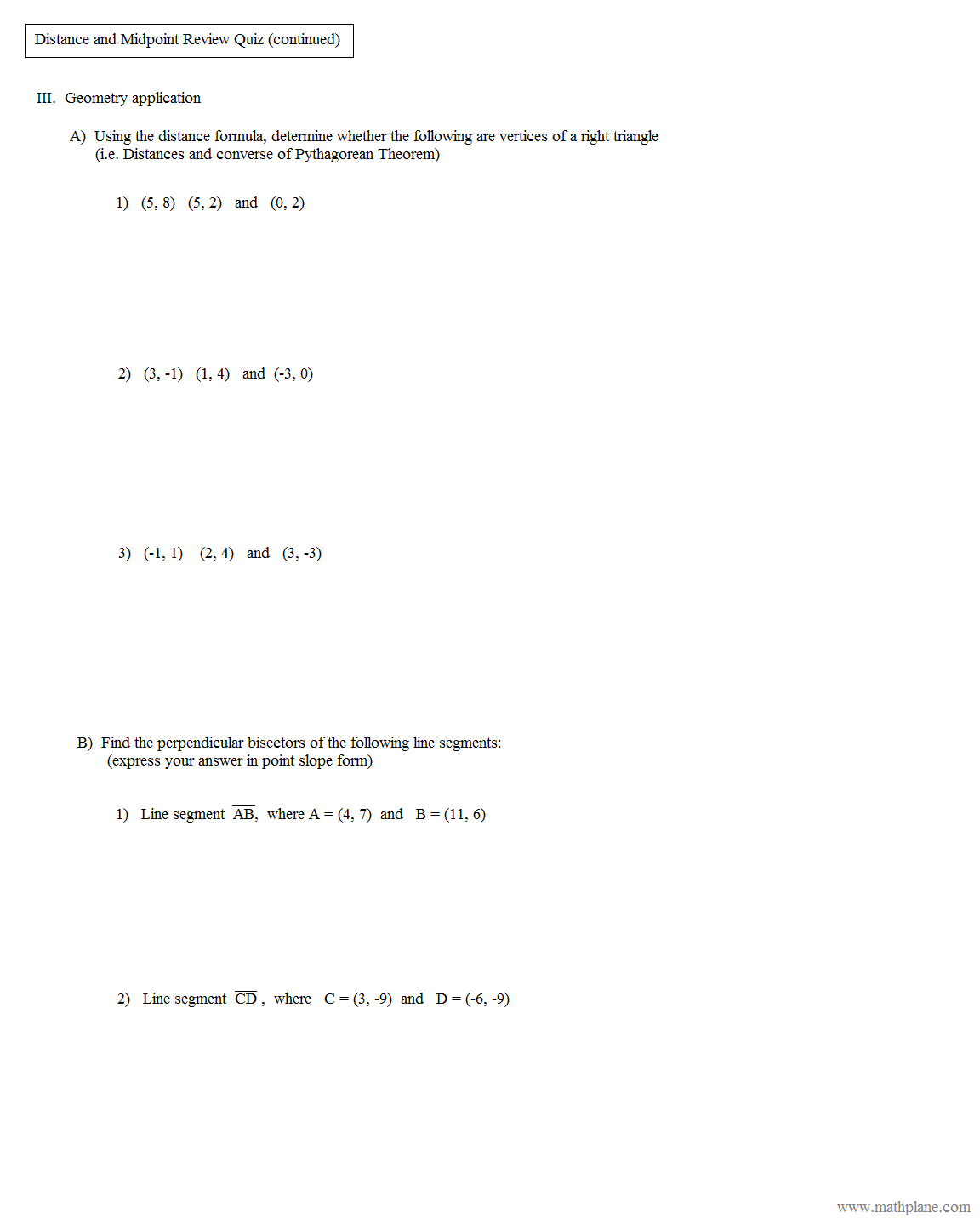 Math Plane  Midpoint And Distance In Geometry Distance And Midpoint Worksheet Answers
