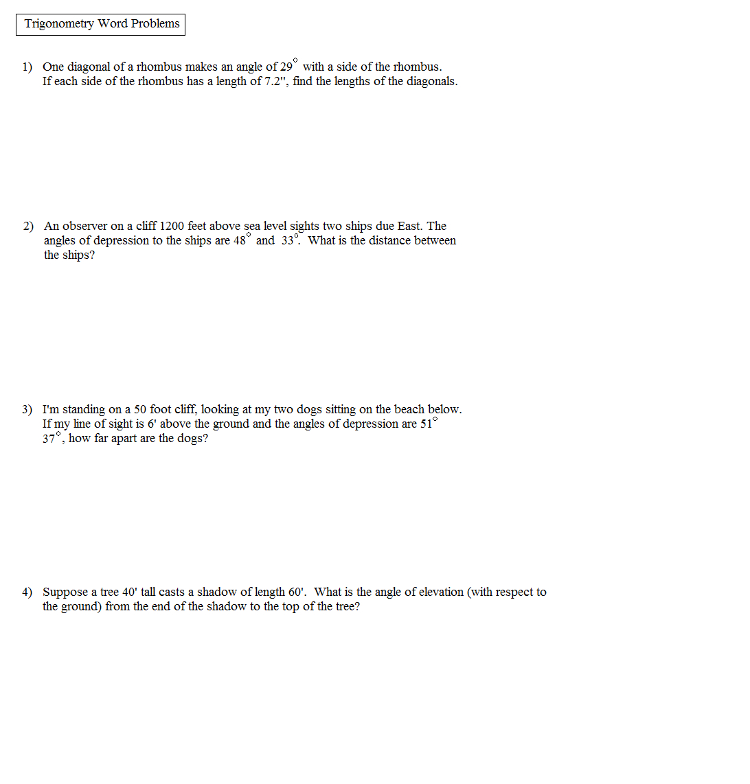 Math Plane  Trigonometry Word Problems Pertaining To Right Triangle Word Problems Worksheet