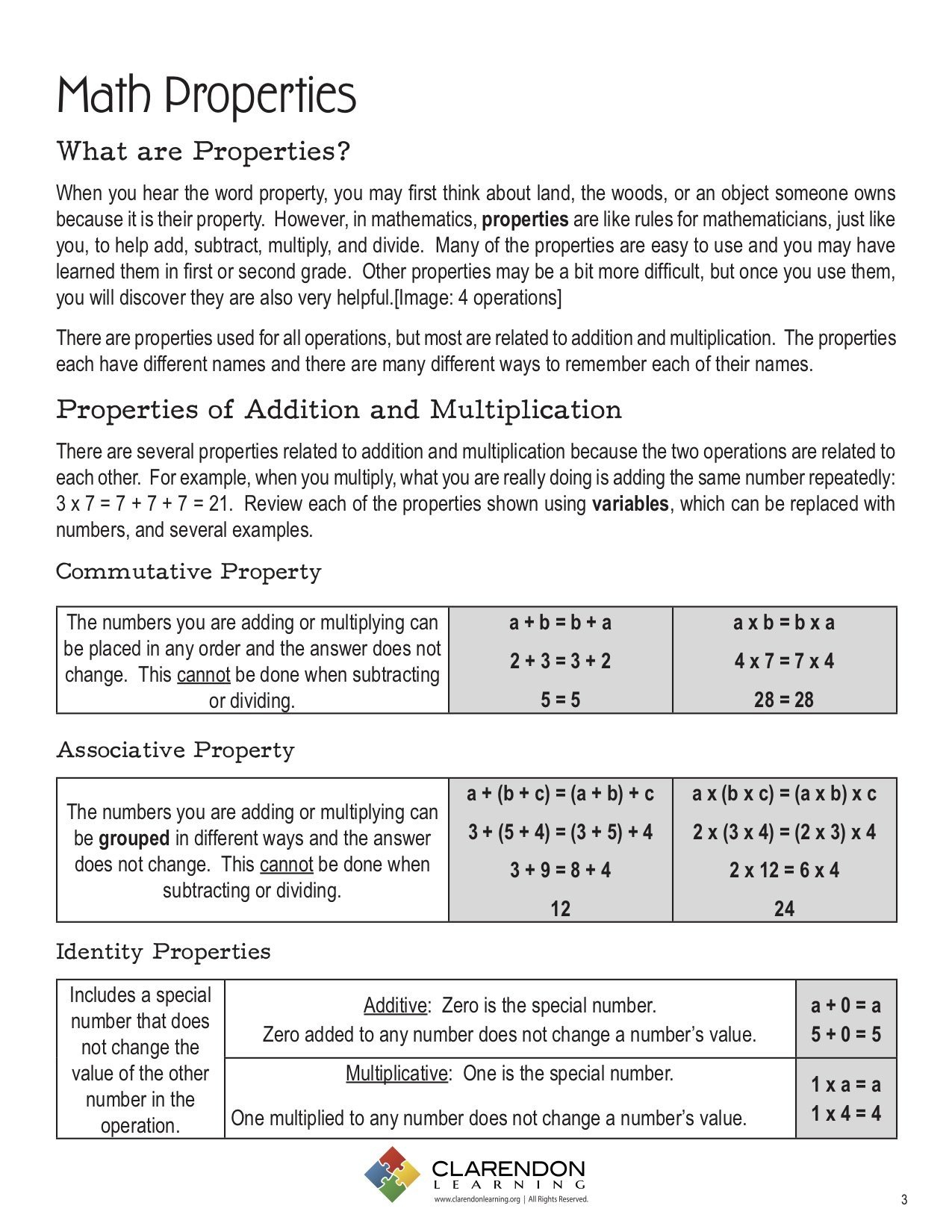 Math Properties Also Math Properties Worksheet