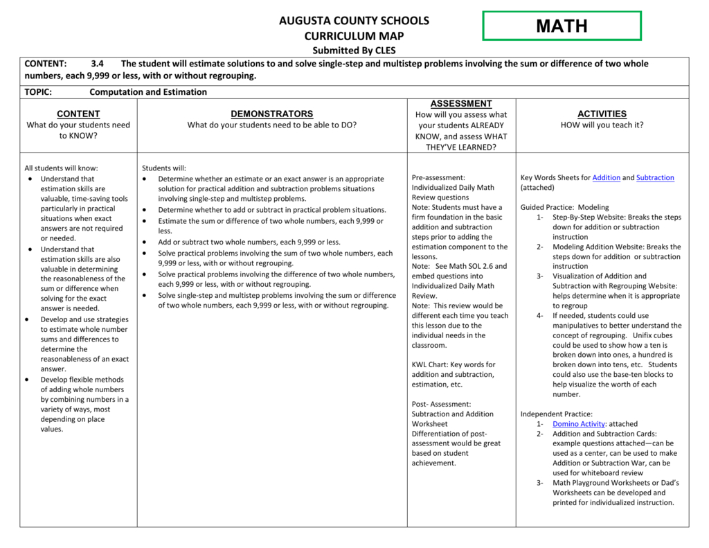 Math Sol 34  Augusta County Public Schools Or Estimating Sums And Differences Worksheets