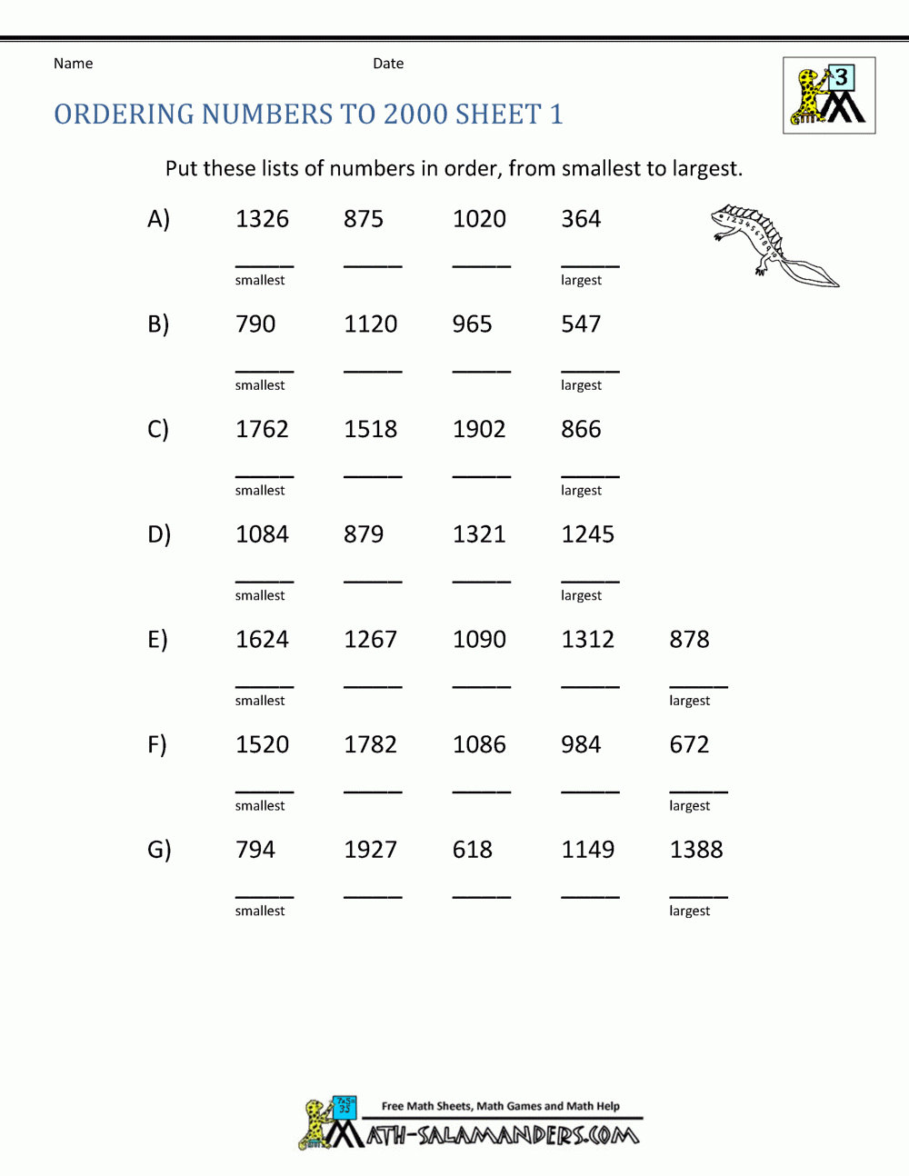 Math Worksheets 3Rd Grade Ordering Numbers To 10000 Regarding Houghton Mifflin Math Worksheets Grade 3