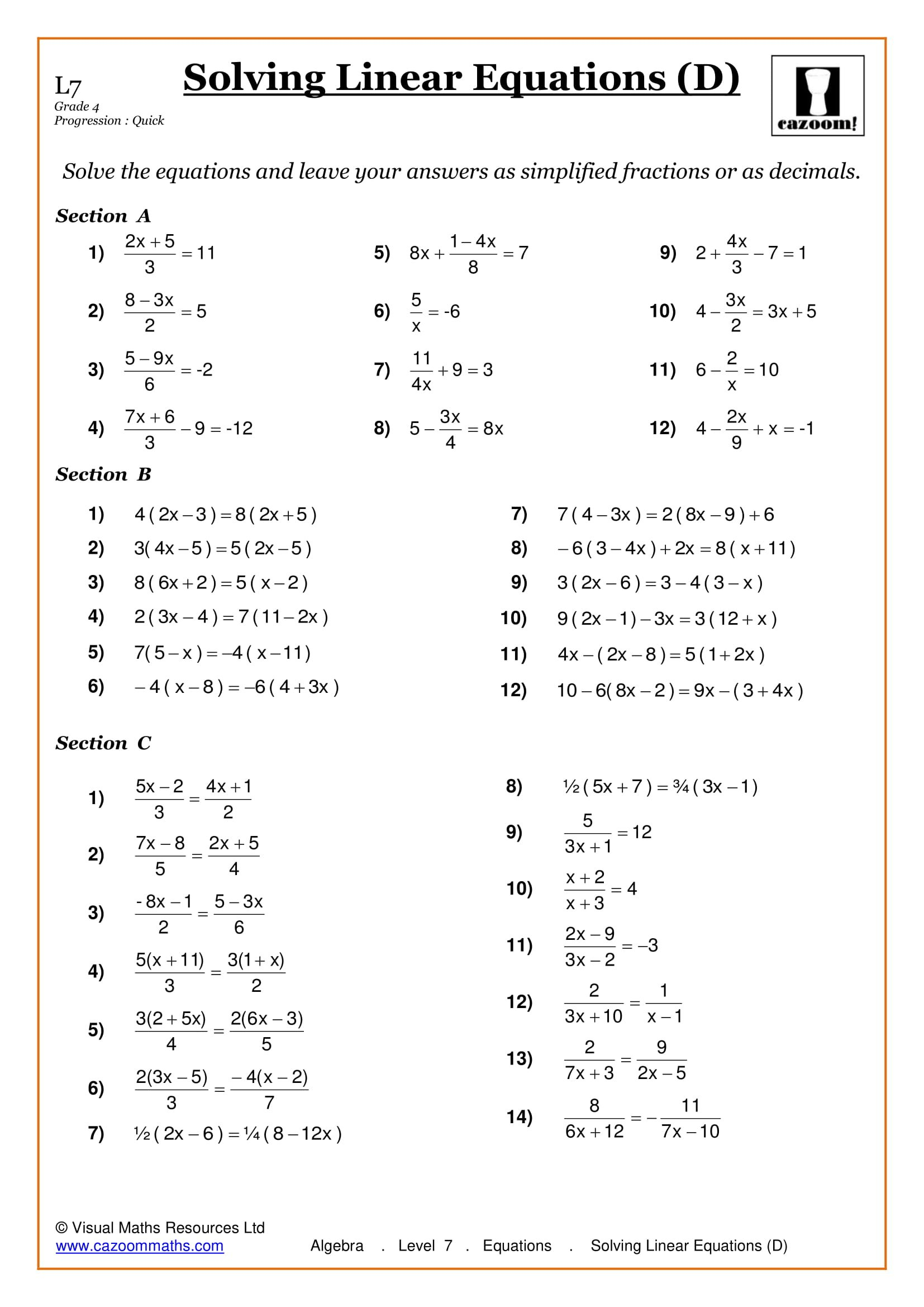 Maths Worksheets  Ks3  Ks4 Printable Pdf Worksheets Along With Solving Linear Equations Worksheet Answers