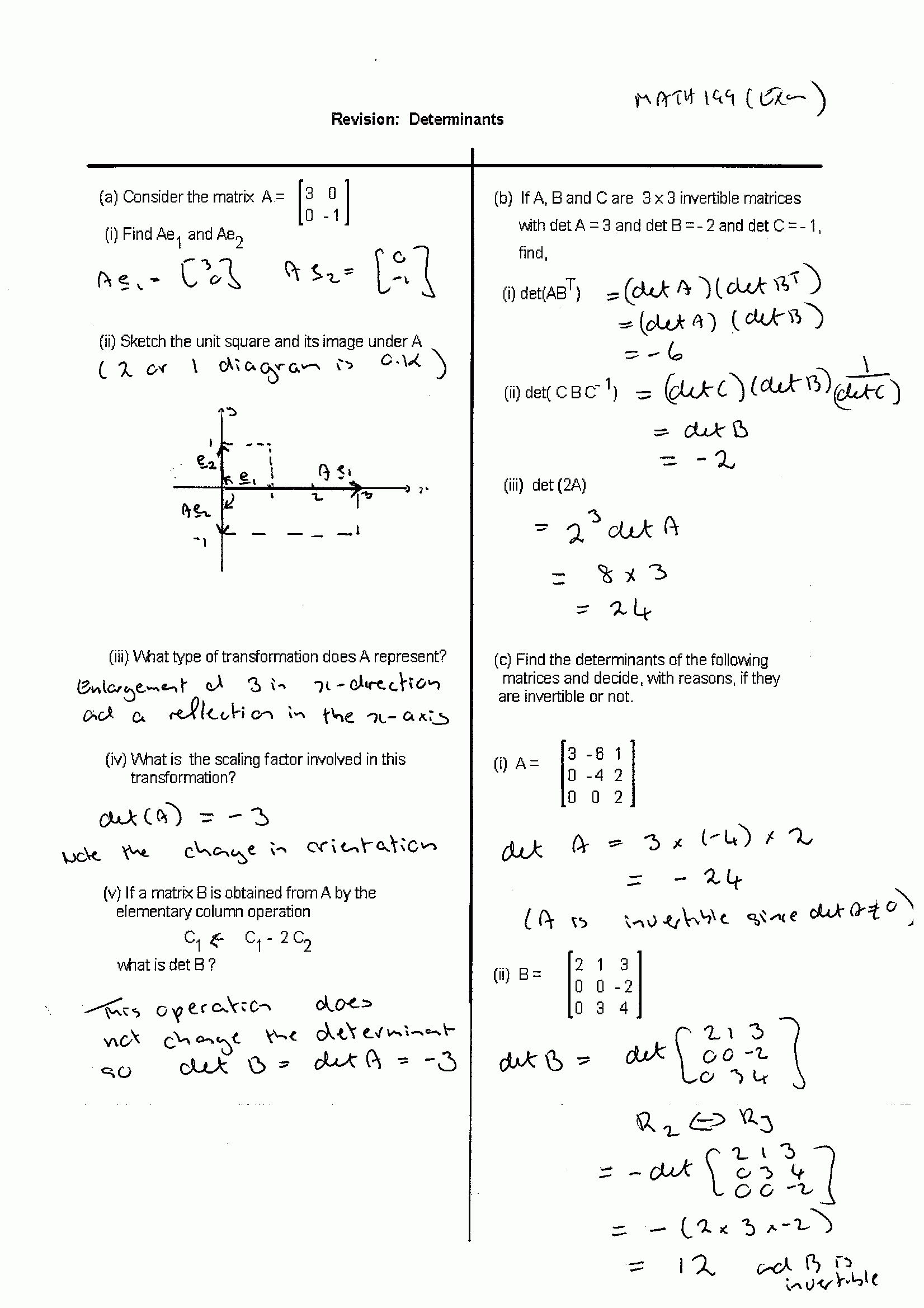 Matrices And Determinants  Math100 Revision Exercises  Resources Also Matrices Worksheet With Answers Pdf