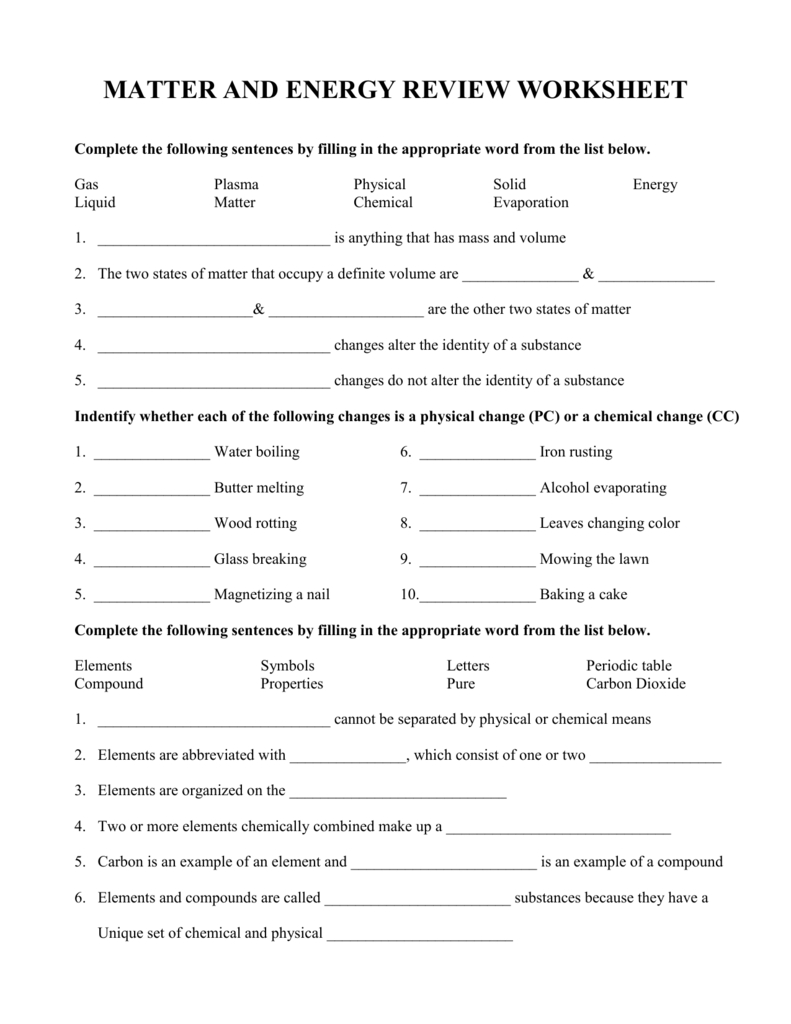 Matter And Energy Review Worksheet With Matter And Energy Worksheet