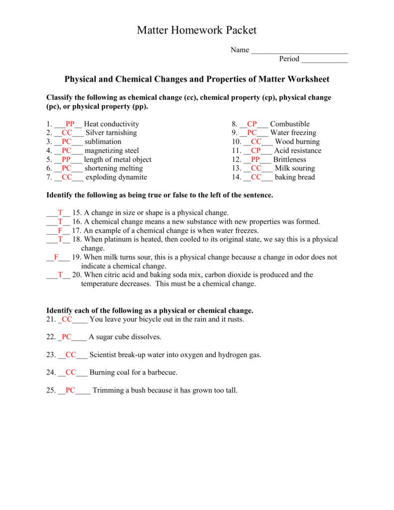 Matter Homework Packetkey With Regard To Chemistry 1 Worksheet Classification Of Matter And Changes Answer Key