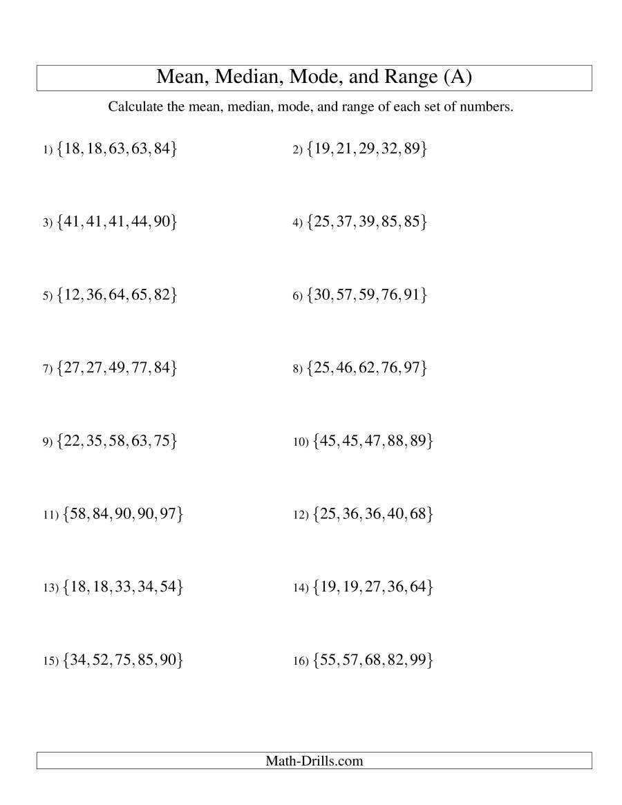 Mean Median Mode And Range  Sorted Sets Sets Of 5 From 10 To 99 Also Mean Median Mode Range Worksheets With Answers